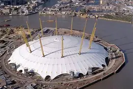 the Millennium Dome, now the O2, viewed from the air on Greenwich Peninsula, London